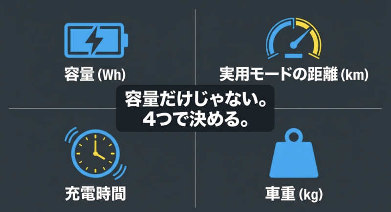 長距離向け電動自転車は容量、実用モードの距離、充電時間、車重の4つで決める