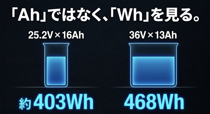 バッテリー容量はAhだけでなく電圧を掛けたWhで比較する
