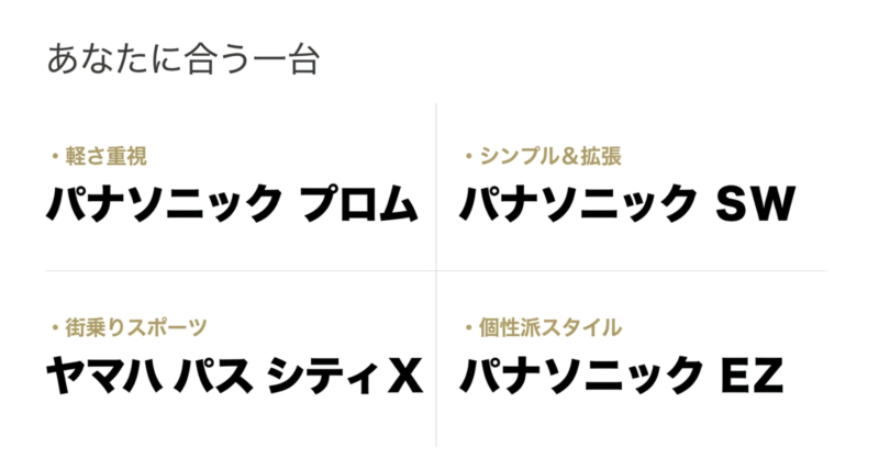 あなたに合う一台(軽さ重視:プロム、シンプル&拡張:SW、街乗りスポーツ:シティX、個性派スタイル:EZ)