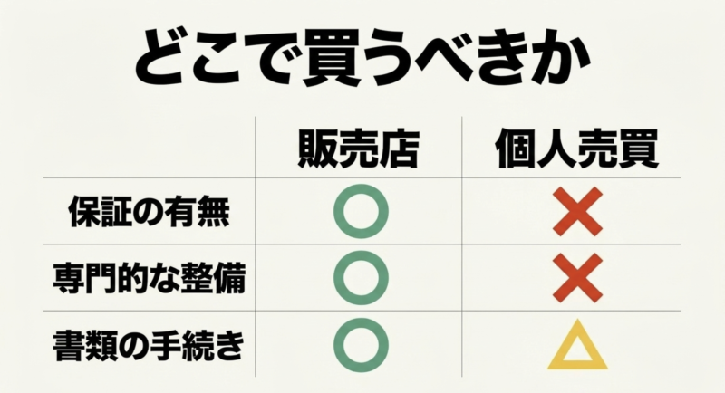 販売店と個人売買における、保証の有無、専門的な整備、書類の手続きの違いをまとめた表。