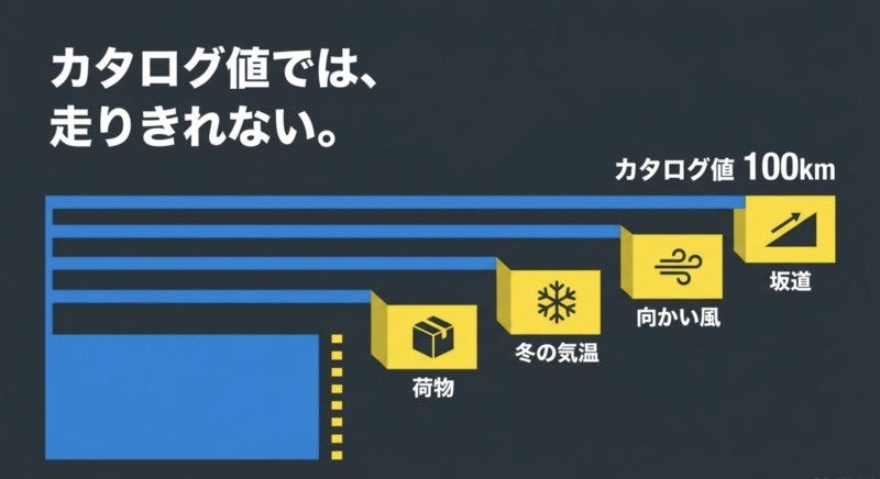 坂道や向かい風などの要因によりカタログ値通りには走りきれない