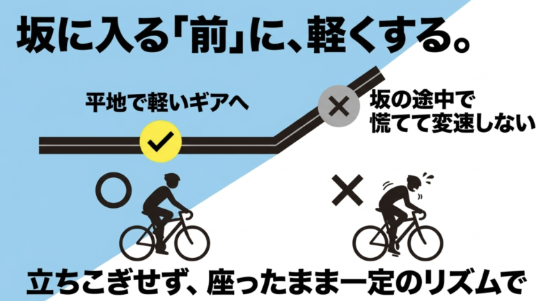 坂道の途中で慌てて変速したり立ちこぎしたりせず、坂に入る前に平地で軽いギアへ変速しておくことを推奨するイラスト