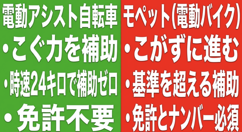 電動アシスト自転車とモペット(電動バイク)の基準や免許の有無などの違い