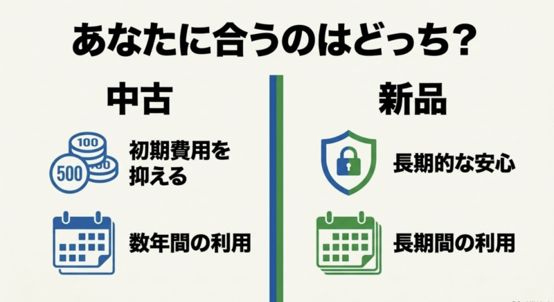 初期費用を抑え数年間利用するなら中古、長期的な安心と長期間の利用を求めるなら新品という比較図。