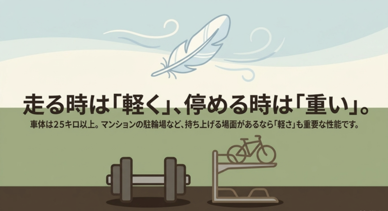 アシスト走行時は快適な一方で、車体重量が25kg以上あるため、マンションの二段式駐輪場など持ち上げる場面では軽さも重要になるという注意点