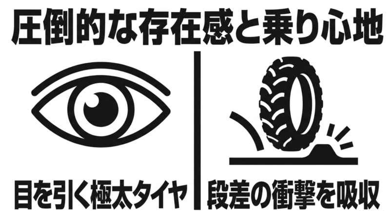 目を引く極太タイヤが段差の衝撃を吸収し、圧倒的な存在感と乗り心地を備えていることを説明するスライド