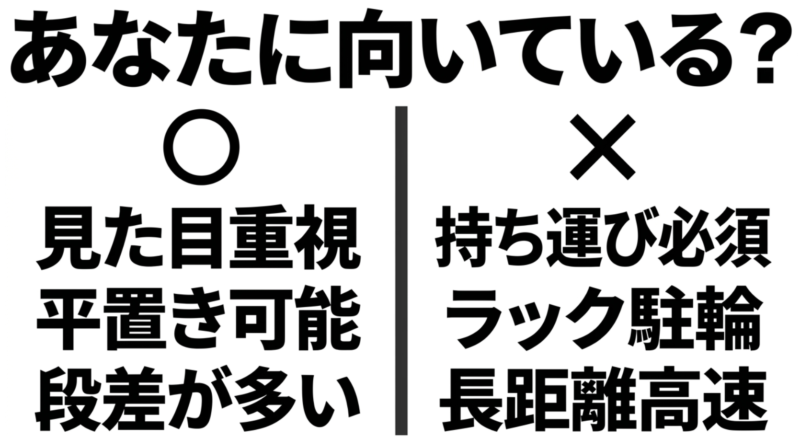 見た目重視か持ち運び必須かなど、条件別でファットタイヤがあなたに向いているかを比較するスライド