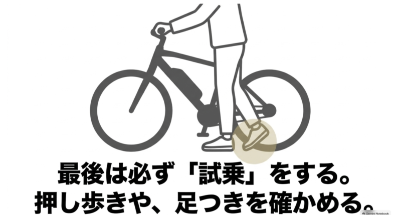 最後は必ず試乗をし、押し歩きや足つきを確かめる
