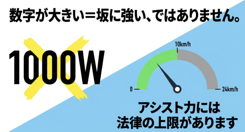電動アシスト力には法律の上限があり、10km/hまでが最大で24km/hでアシストがゼロになることを示すグラフ