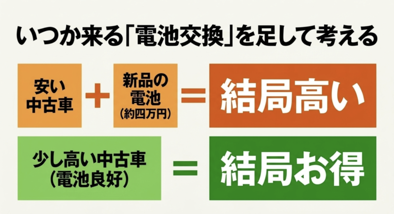 安い中古車に新品の電池代を足すと結局高くなり、電池が良好な少し高い中古車の方がお得になるという比較図。