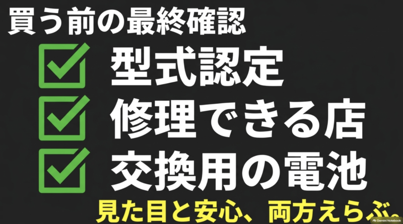 見た目だけでなく安心も選ぶための購入前最終確認ポイント(型式認定、修理できる店、交換用の電池)
