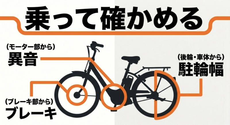 試乗してモーターの異音、ブレーキの利き、後輪や車体からの駐輪幅を確かめる