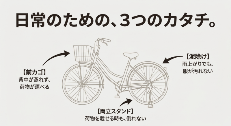 前カゴ、両立スタンド、泥除けといった、買い物や街乗りに便利なママチャリ型電動アシスト自転車の3つの特徴