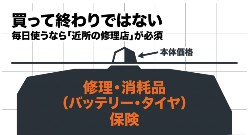 買って終わりではない。本体価格に加えて、バッテリーやタイヤなどの修理・消耗品、保険の費用がかかることと、近所の修理店の必要性を示す図