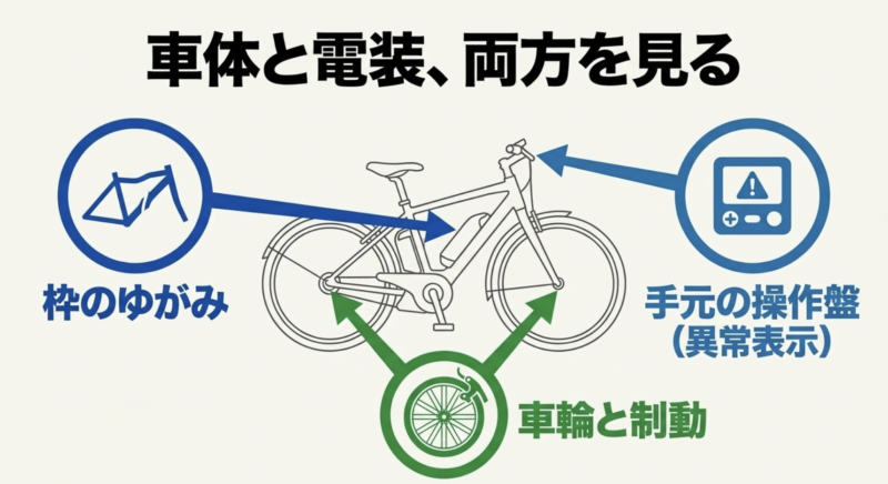 車体と電装の両方を見るポイントとして、枠のゆがみ、手元の操作盤、車輪と制動を挙げた図。