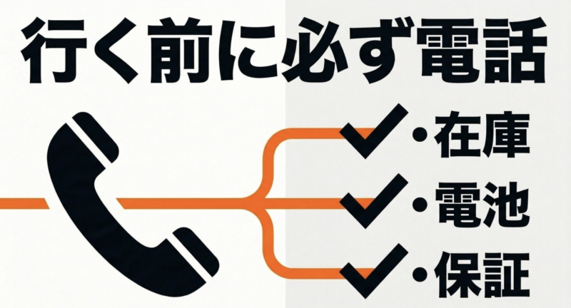 店舗へ行く前に必ず電話で在庫、バッテリー状態、保証を確認する