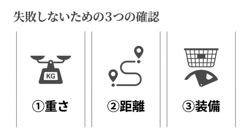 失敗しないための3つの確認ポイント:重さ、距離、装備