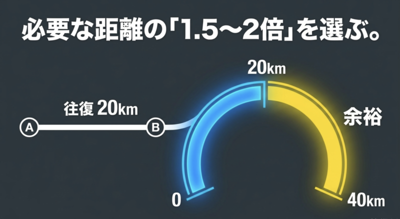 必要な走行距離に対して1.5倍から2倍の余裕を持ったバッテリーを選ぶ