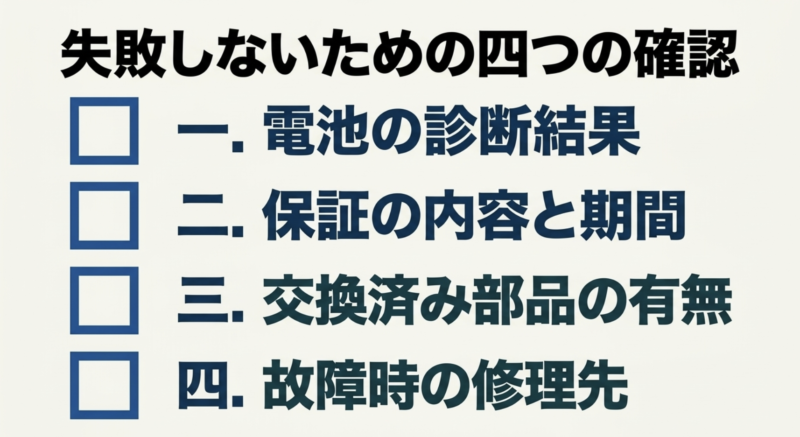 失敗しないための確認として、電池の診断結果、保証の内容と期間、交換済み部品の有無、故障時の修理先をまとめたリスト。