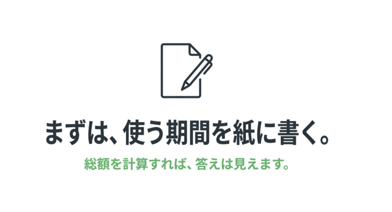 まずは、使う期間を紙に書く。総額を計算すれば、答えは見えます。と書かれたメモ帳とペンのイラスト