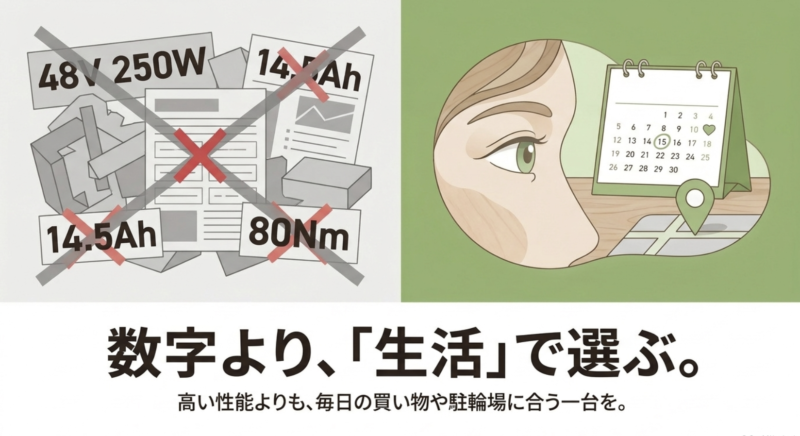 カタログのスペックや数値の高さよりも、毎日の買い物や駐輪場の環境など、実際の生活スタイルに合わせた電動アシスト自転車の選び方を推奨するイメージ