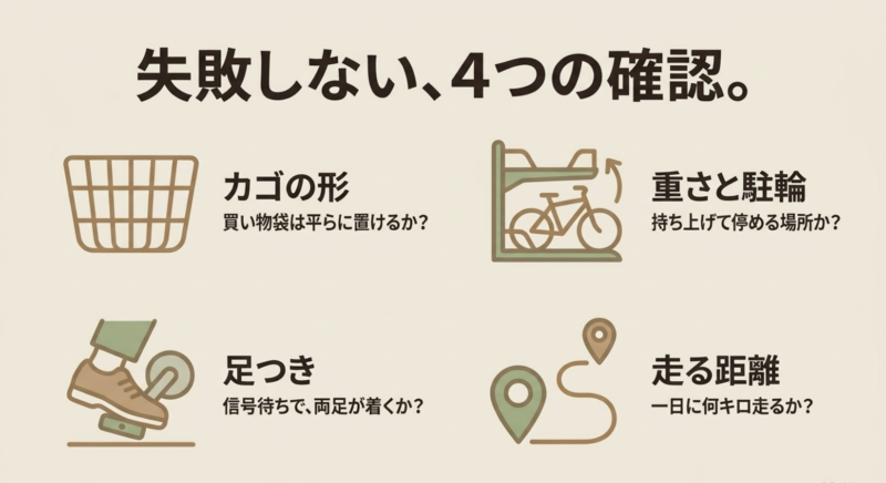 カゴの形、車体重量と駐輪場、足つきの良さ、一日の走行距離という、電動アシスト自転車選びで失敗しないための4つのチェックポイント