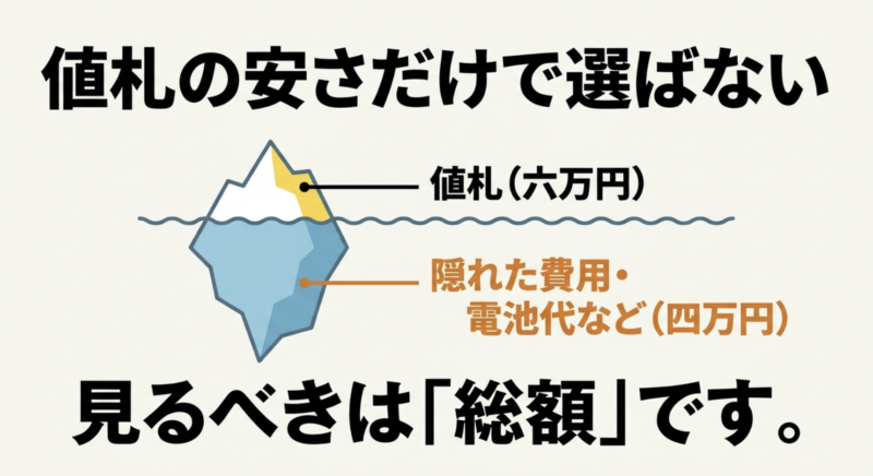 値札の安さだけで選ばず、隠れた費用や電池代を含めた総額を見るべきという図解。