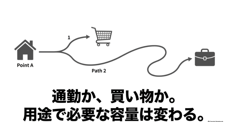通勤か買い物か、用途によって必要なバッテリー容量は変わる
