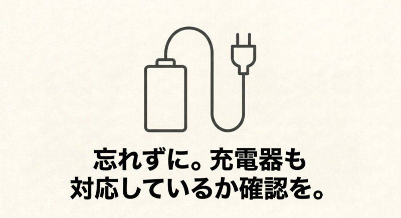 忘れずに充電器も対応しているか確認を促すテキスト