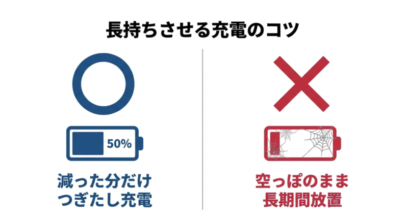 減った分だけつぎたし充電をし、空っぽのまま長期間放置しないよう注意するスライド