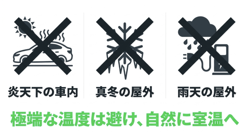 電動アシスト自転車のバッテリーで避けるべき3つの環境（炎天下の車内、真冬の屋外、雨天の屋外）を示すバツ印の図解。極端な温度は避けて自然に室温へ戻す重要性を説明。