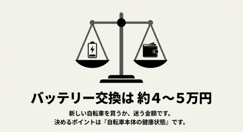 バッテリー交換には約4〜5万円かかり、車体の健康状態で買い替えを判断することを示すスライド