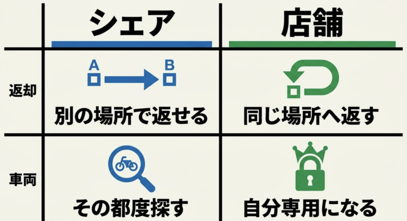 シェアサイクルと店舗型レンタルの違い(返却場所と車両の確保)