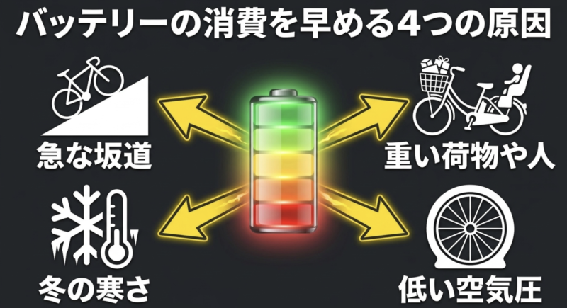 電動アシスト自転車のバッテリー消費を早める4つの原因(急な坂道・重い荷物や人・冬の寒さ・低い空気圧)のまとめ図解