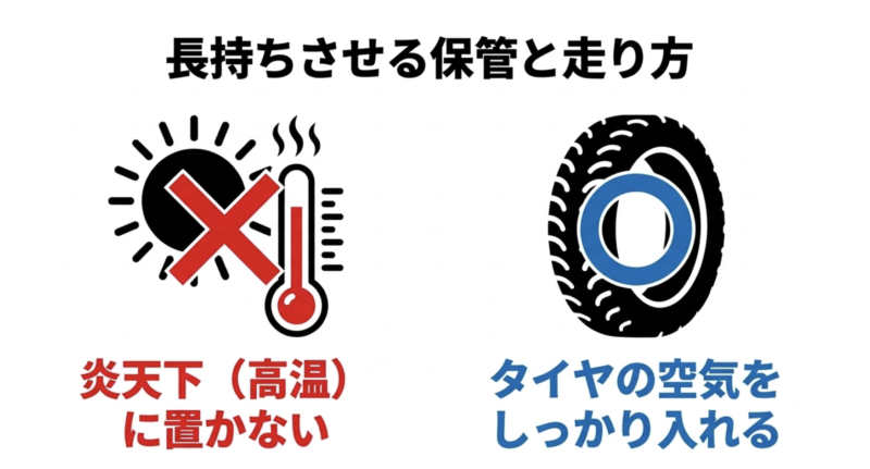 炎天下などの高温に置かないことや、タイヤの空気をしっかり入れることを推奨するスライド