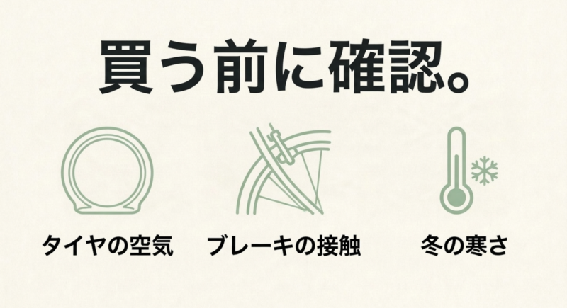 タイヤの空気、ブレーキの接触、冬の寒さなどバッテリー購入前に確認すべき項目のアイコンとテキスト