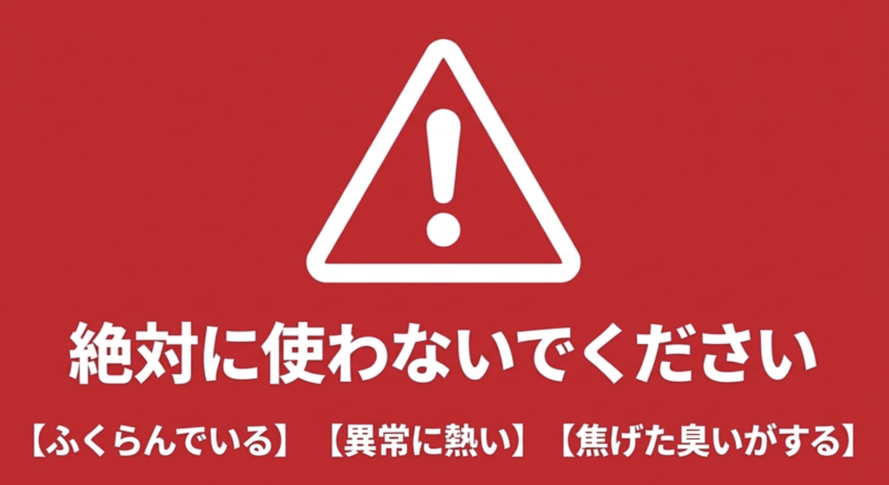 ふくらんでいる、異常に熱い、焦げた臭いがするといった絶対に使用してはいけない危険なサインを示すスライド