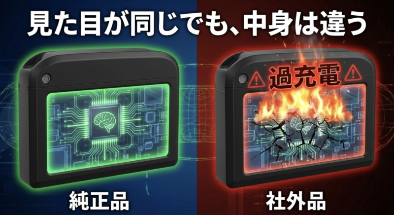見た目が同じでも中身は違う純正品と社外品のバッテリー内部基板と過充電の危険性イメージ