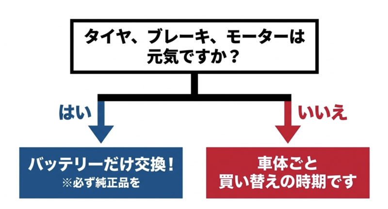 タイヤ、ブレーキ、モーターが元気なら純正品のバッテリーだけ交換、そうでないなら車体ごと買い替えるという判断基準のフローチャート