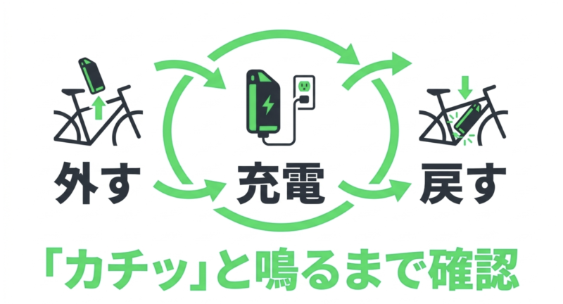電動アシスト自転車のバッテリーを車体から外す、専用充電器で充電する、車体へ戻すという3ステップの図解。戻す際はカチッと鳴るまで固定を確認することを示すイラスト。