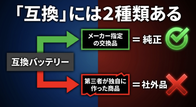 互換バッテリーにはメーカー指定の交換品(純正)と第三者が独自に作った商品(社外品)の2種類があることを示す図解