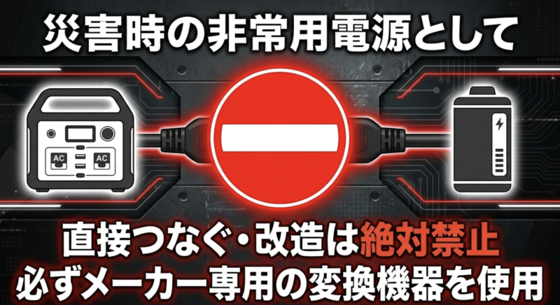 災害時の非常用電源として使う際は直接接続や改造をせずメーカー専用の変換機器を使用すべきことを示す図解