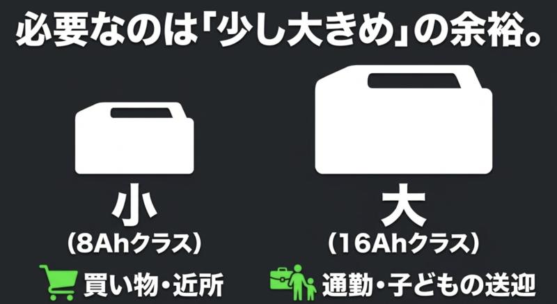 電動アシスト自転車のバッテリー選びで買い物・近所向けの小容量(8Ahクラス)と通勤・子ども送迎向けの大容量(16Ahクラス)を比較した図解