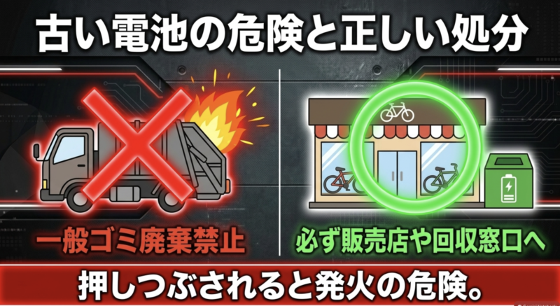 古い電池は押しつぶされると発火の危険があるため一般ゴミ廃棄を禁止し販売店や回収窓口へ出すよう促す図解
