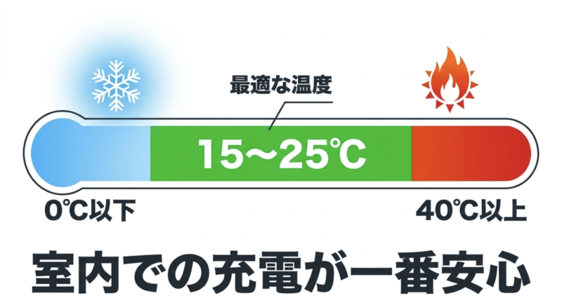 バッテリー充電に最適な温度が15〜25℃の室内であることを示す図解。0℃以下の低温や40℃以上の高温を避け、室内で充電するのが一番安心であることを表すイラスト。