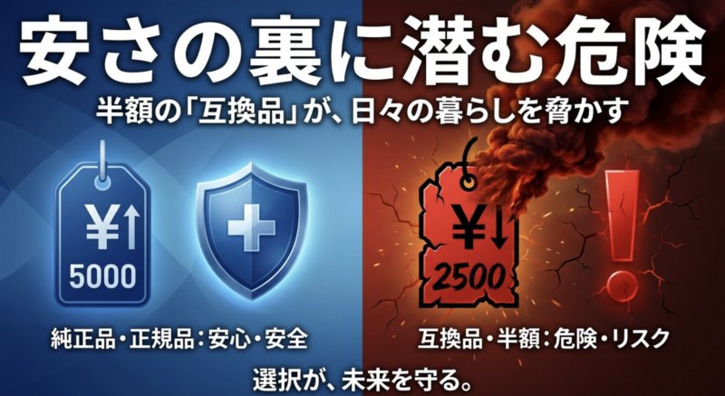 半額の互換バッテリーに潜む危険性と安心・安全な純正品との選択の比較