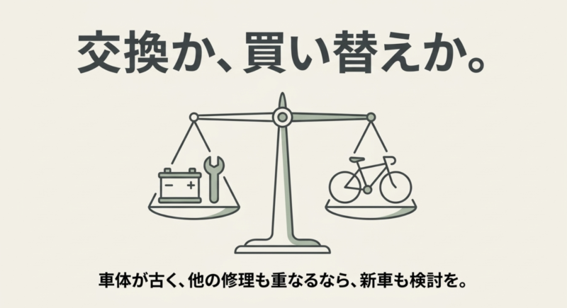 天秤に乗ったバッテリー・修理工具と自転車のイラスト、および車体が古く修理が重なるなら新車を検討すべきというテキスト