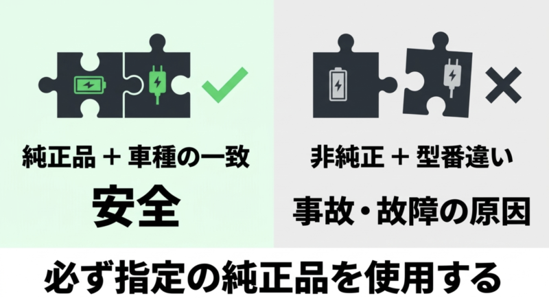 純正充電器と車種の適合をパズルで表した図解。純正品かつ車種の一致は安全である一方、非純正品や型番違いの組み合わせは事故・故障の原因になるため、必ず指定の純正品を使用することを説明。