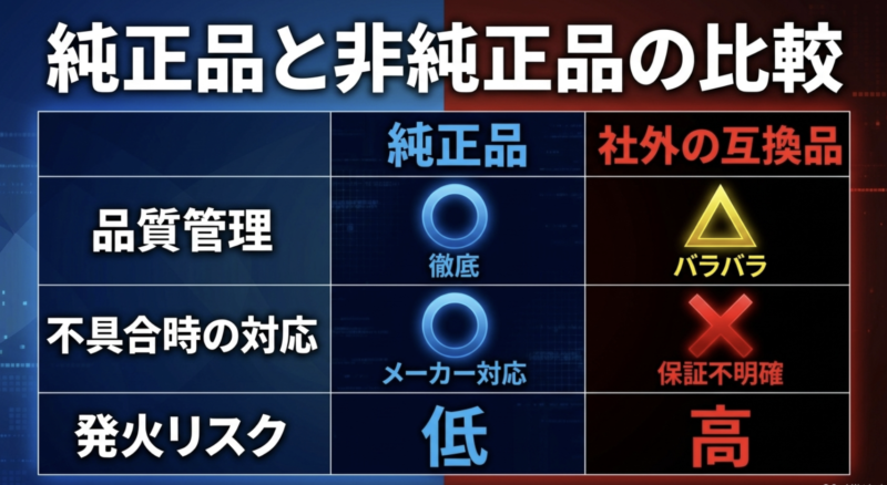 純正品と社外の互換品を品質管理・不具合時の対応・発火リスクで比較した一覧表