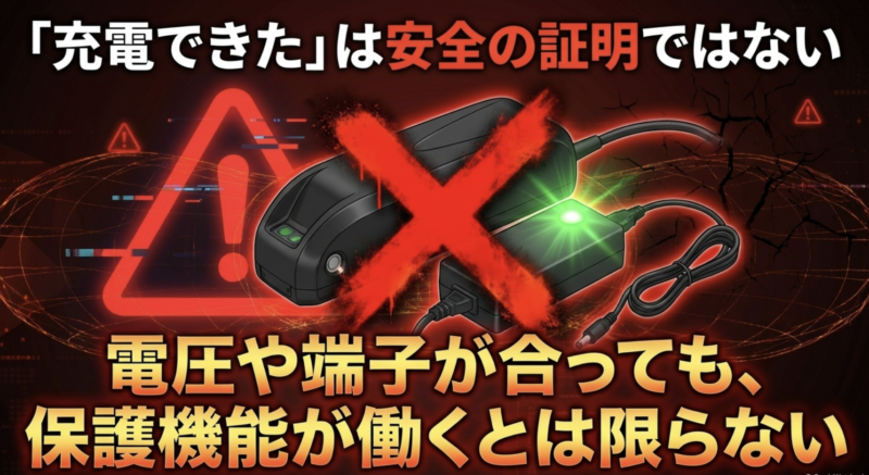 電圧や端子が合って充電できたとしても保護機能が正しく働くとは限らないことを示す注意喚起